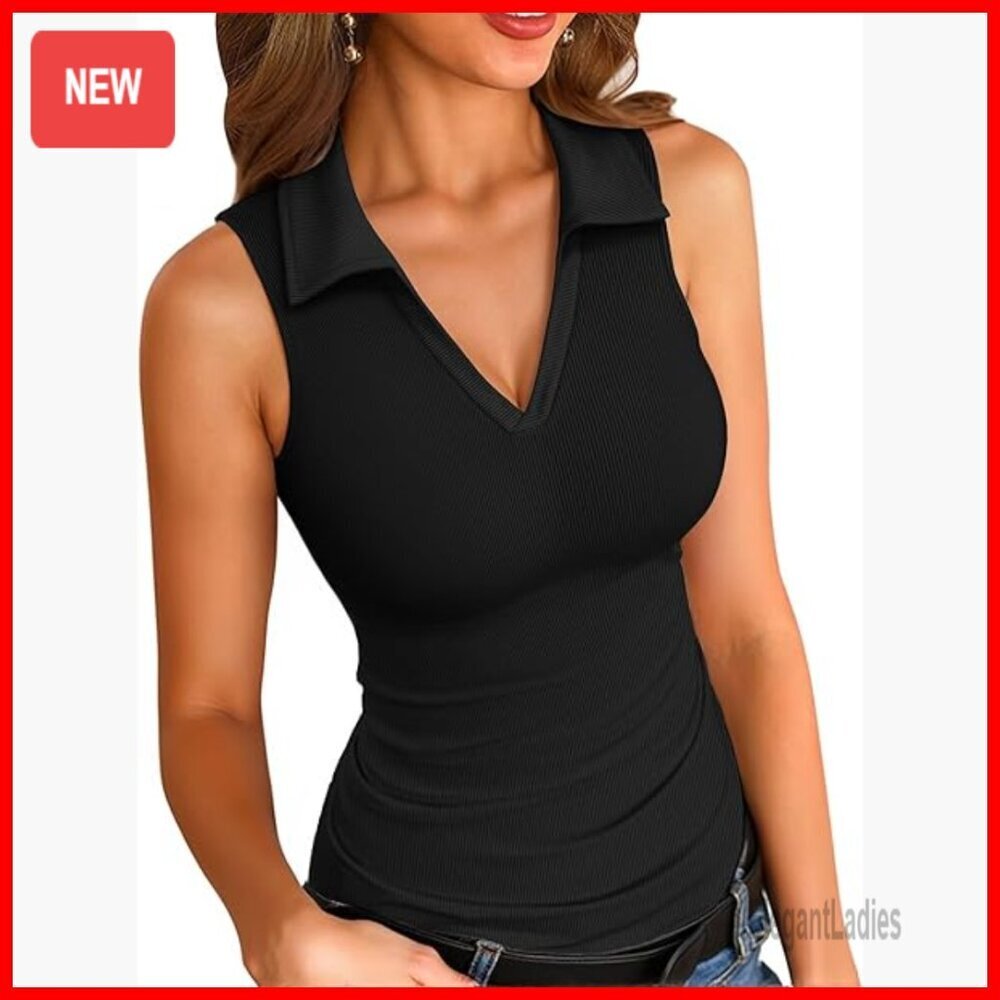 Slim Fitted Ribbed Knit Polo Tank Top Lapel Collar V Neck